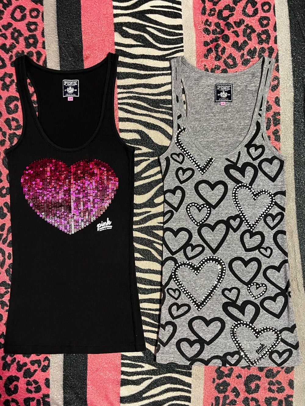 Vintage PINK Victoria's Secret heart rhinestone and sequins tank top bundle
